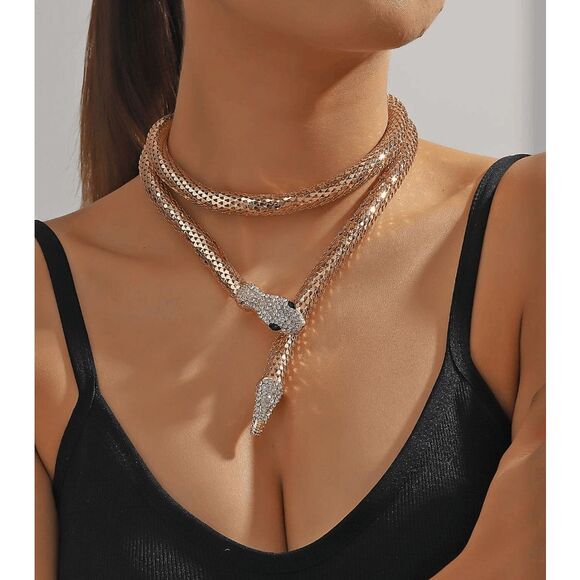 ✨🐍 Gold Snake Rhinestone Bendable Blingy Statement Open Choker Necklace NEW - Picture 1 of 10
